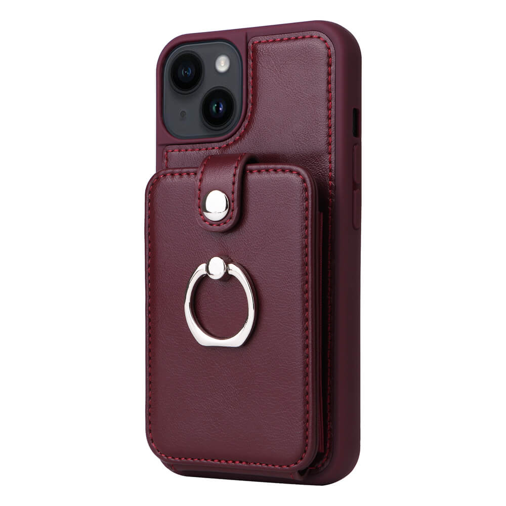 Vintage Pouch PU Leather Phone Case with 360 Degree Ring Holder Stand - iPhone 15 Pro Max
