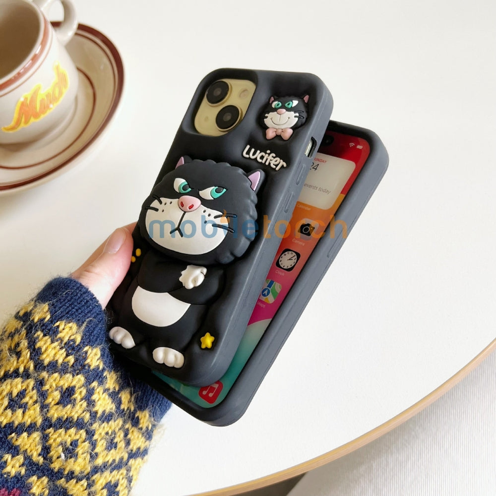 3D Cute Cat Holder Silicone Soft Phone Case - iPhone 15 Pro Max