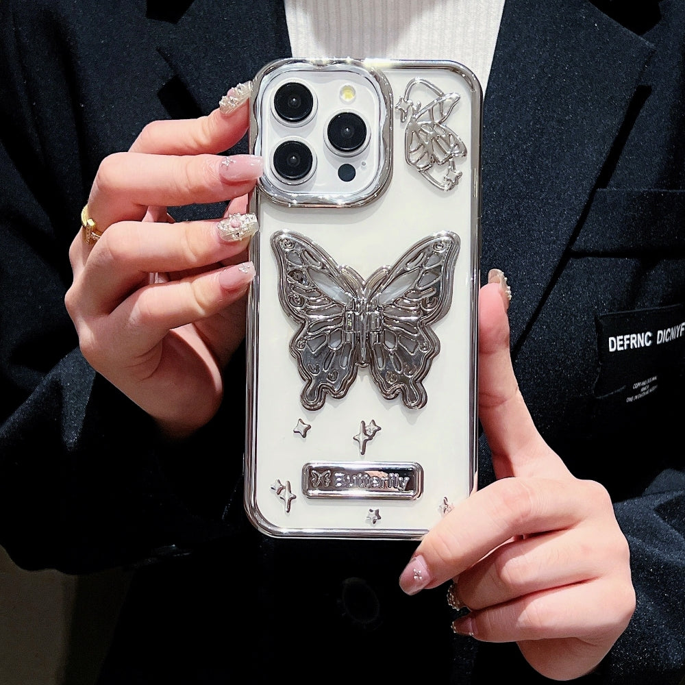 3D Electroplated Butterfly Folding Stand Embossed Phone Cover - iPhone 14 Pro