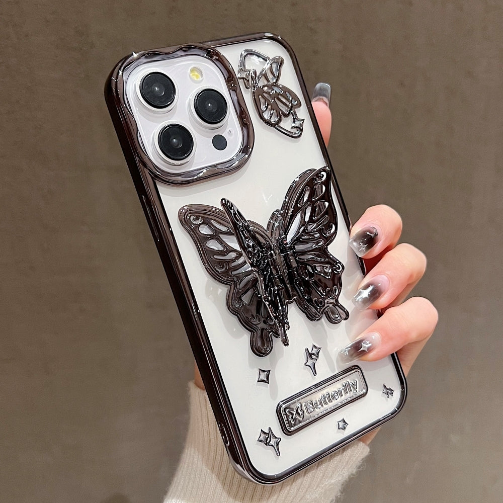 3D Electroplated Butterfly Folding Stand Embossed Phone Cover - iPhone 15 Pro Max