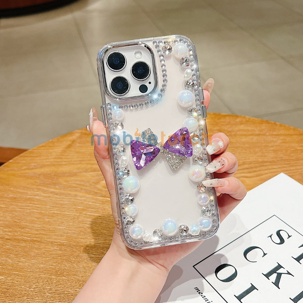 3D Bow Pearl Border Transparent PC (Hard) Phone Case | Mobile Cover - Samsung S24 Ultra