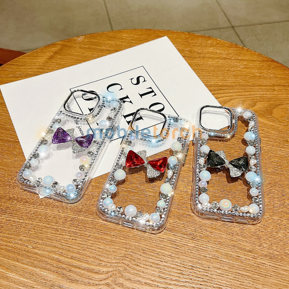 3D Bow Pearl Border Transparent PC (Hard) Phone Case | Mobile Cover - Samsung S24 Ultra