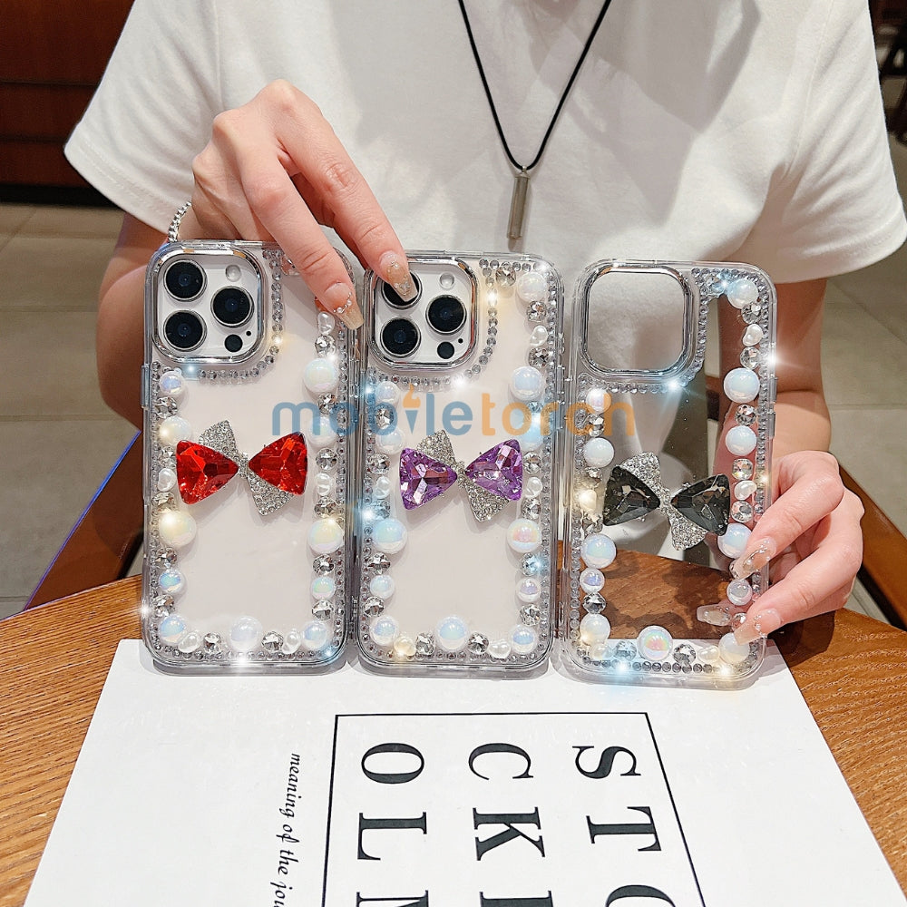 3D Bow Pearl Border Transparent PC (Hard) Phone Case | Mobile Cover - Samsung S24 Ultra