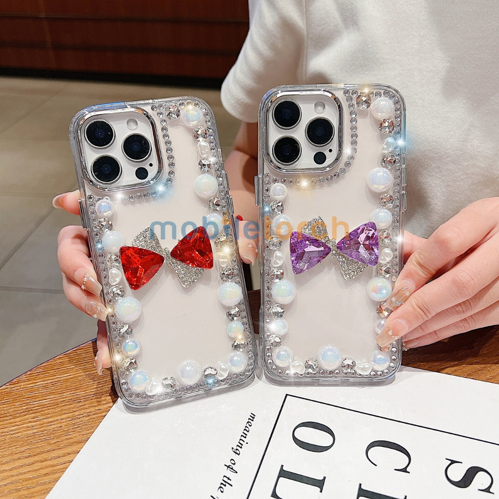 3D Bow Pearl Border Transparent PC (Hard) Phone Case | Mobile Cover - Samsung S24 Ultra