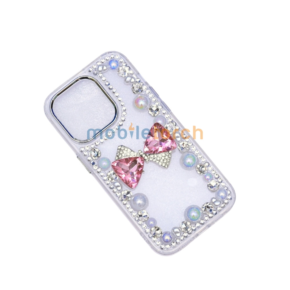 3D Bow Pearl Border Transparent PC (Hard) Phone Case | Mobile Cover - Samsung S24 Ultra