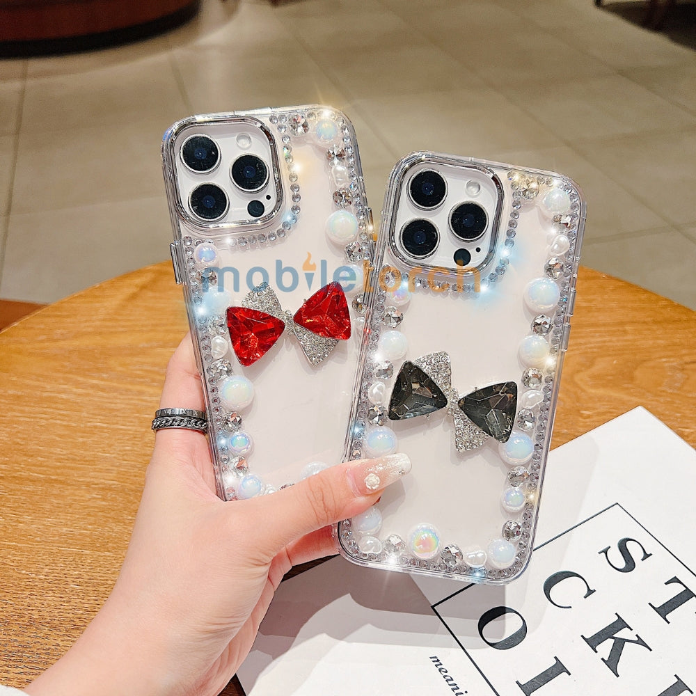 3D Bow Pearl Border Transparent PC (Hard) Phone Case | Mobile Cover - Samsung S24 Ultra