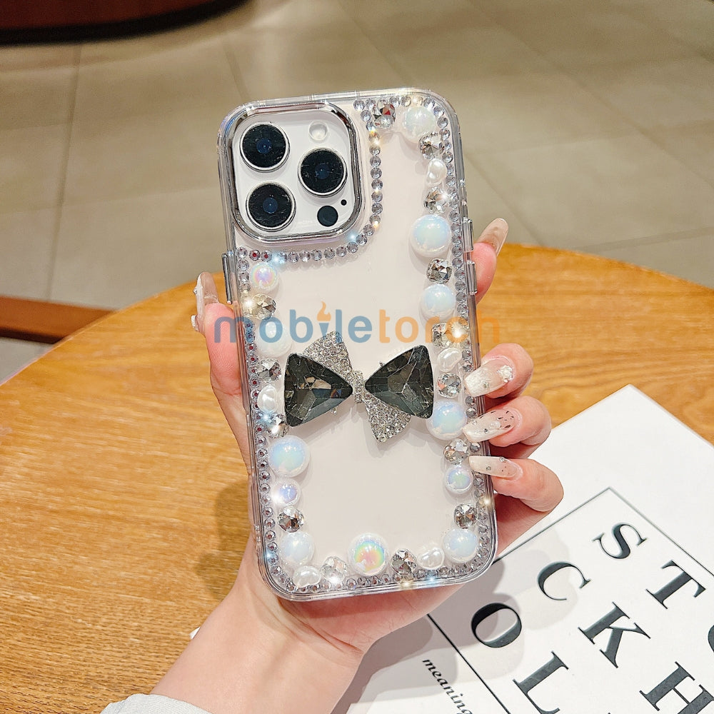 3D Bow Pearl Border Transparent PC (Hard) Phone Case | Mobile Cover - Samsung S24 Ultra