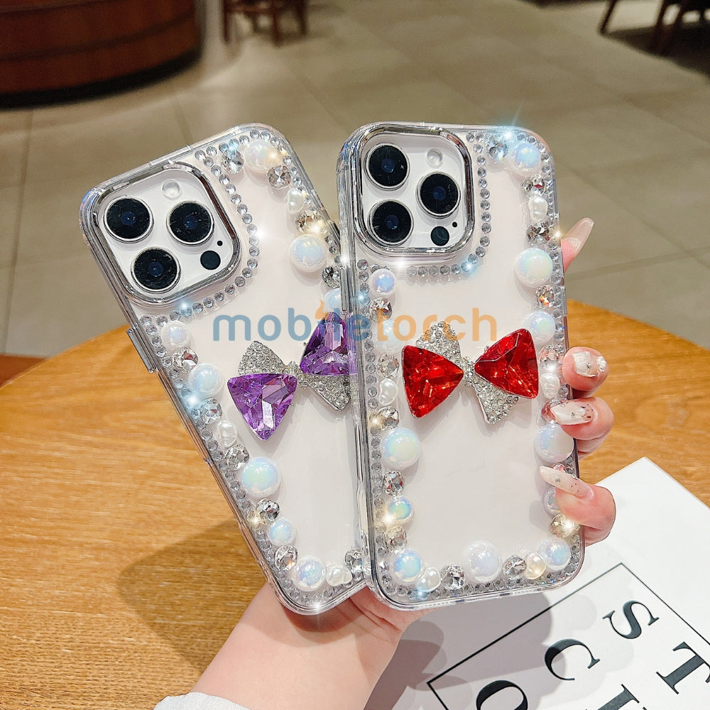 3D Bow Pearl Border Transparent PC (Hard) Phone Case | Mobile Cover - Samsung S24 Ultra