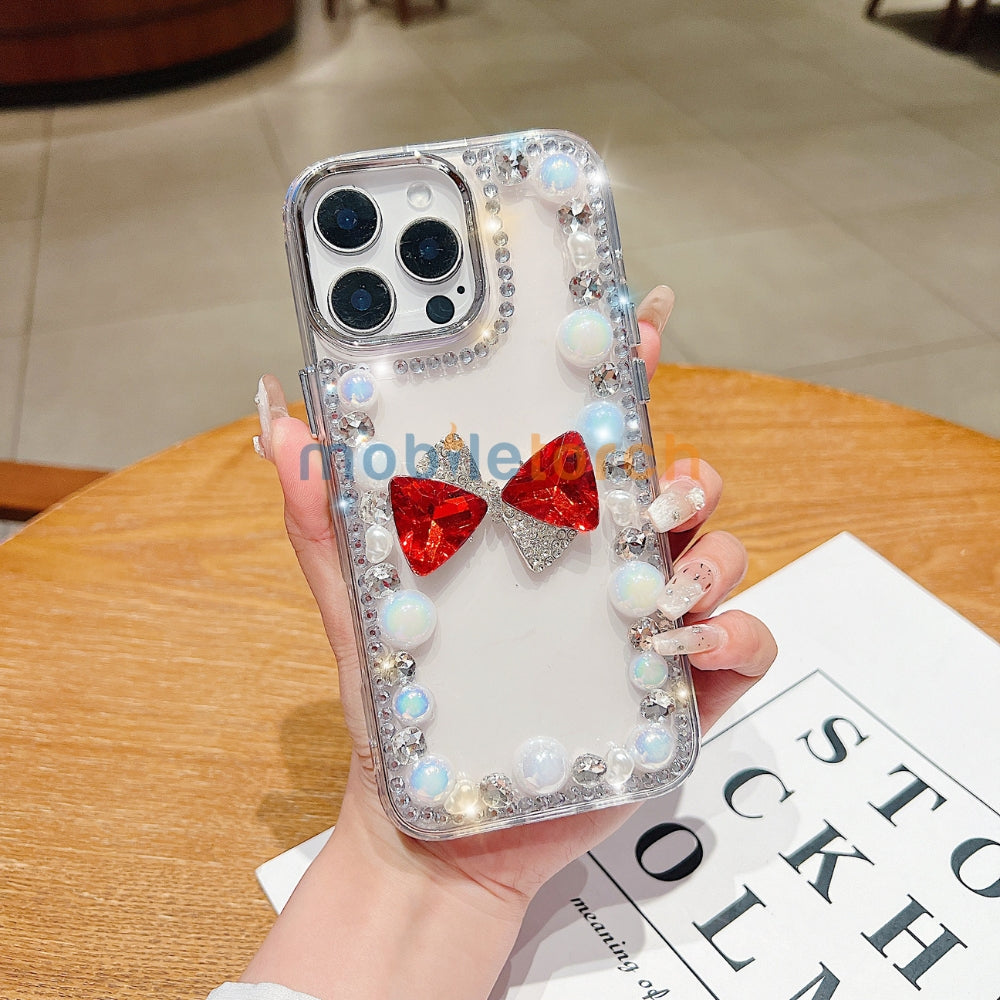 3D Bow Pearl Border Transparent PC (Hard) Phone Case | Mobile Cover - Samsung S24 Ultra