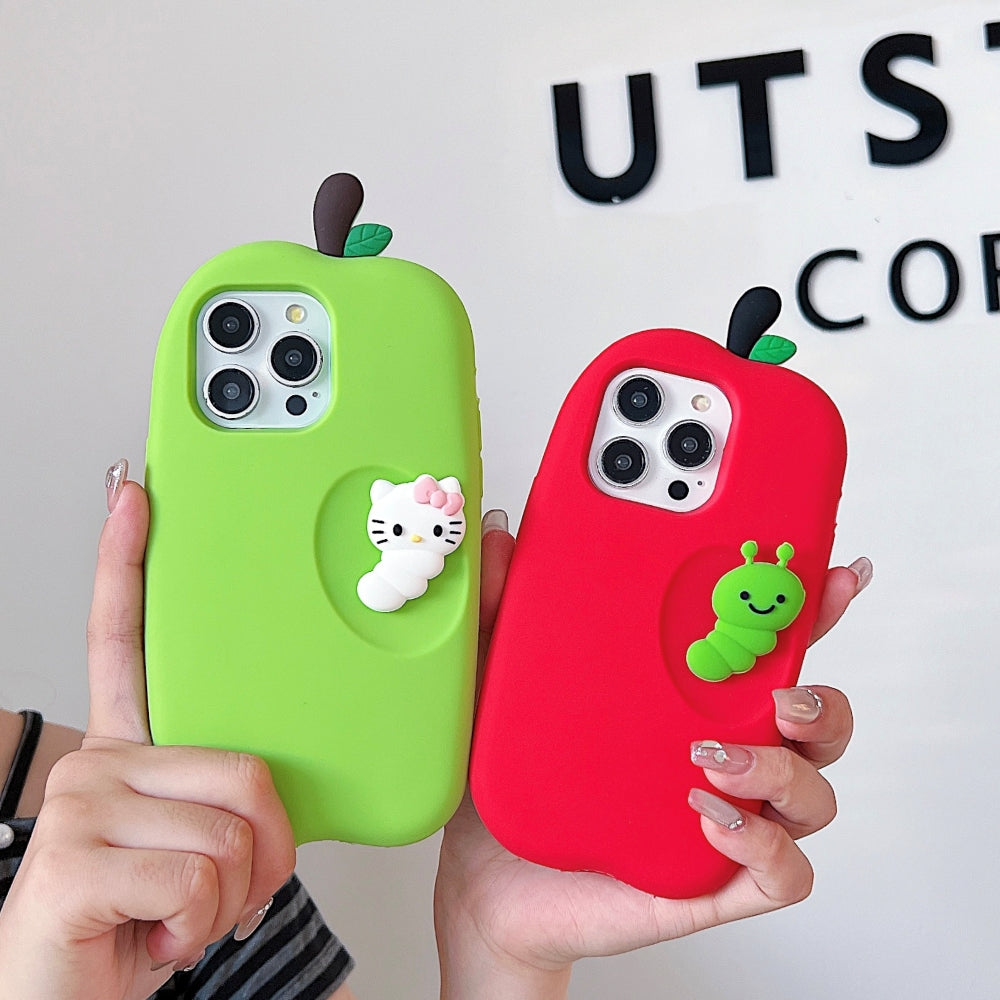3D Caterpillar and Kitty Apple Design Silicone Phone Case