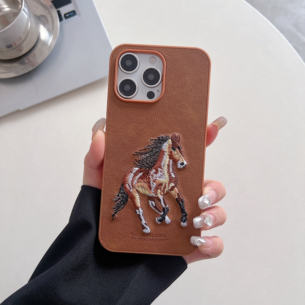 3D Embroided Horse Design PU Leather Phone Case