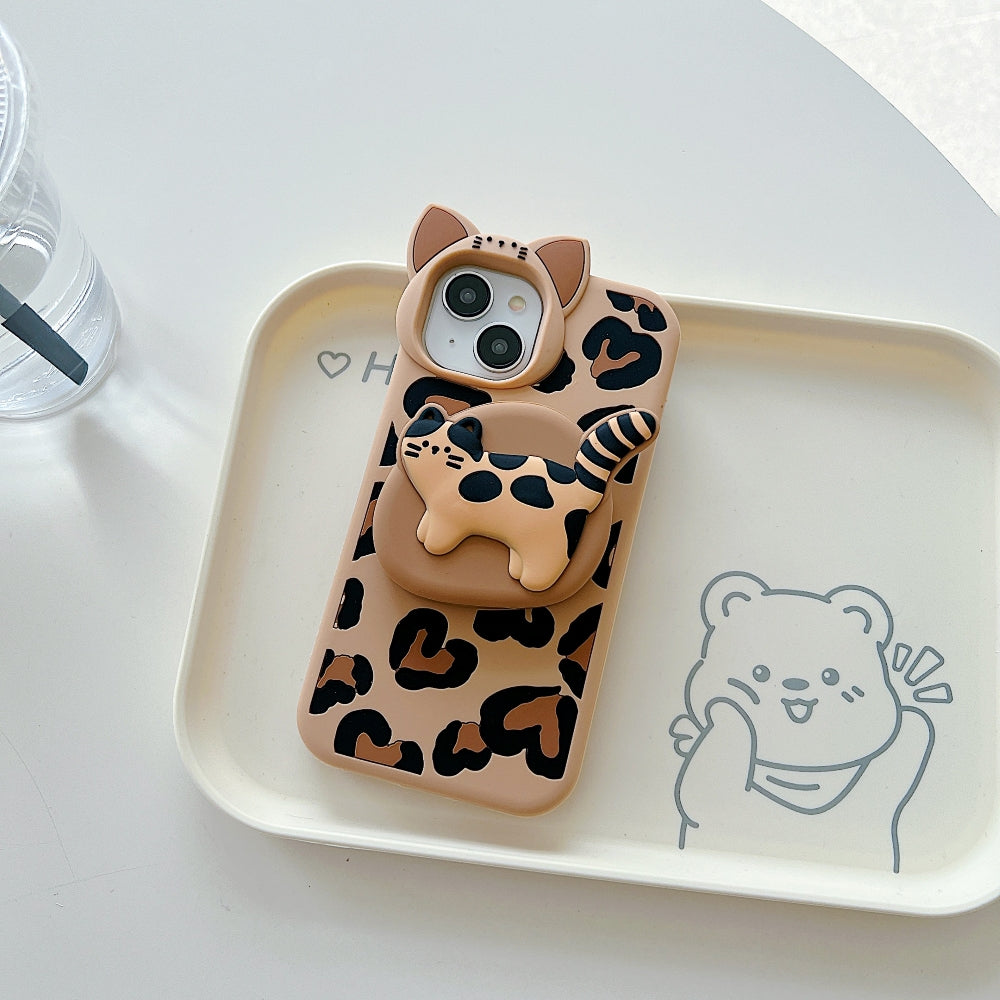 3D Kitty Stand Leopard Print Silicone Phone Case | Mobile Cover - iPhone 13