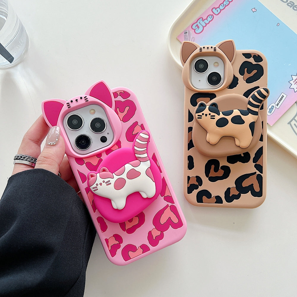 3D Kitty Stand Leopard Print Silicone Phone Case | Mobile Cover - iPhone 13