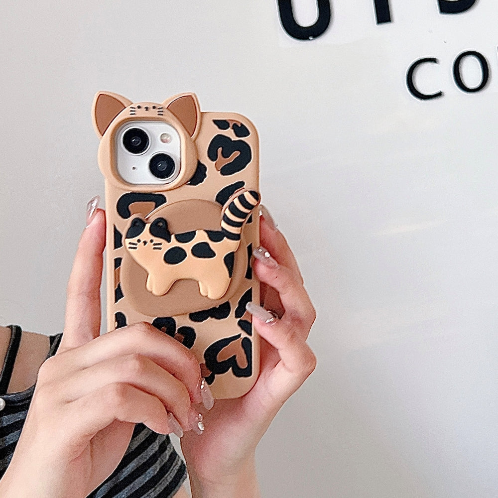 3D Kitty Stand Leopard Print Silicone Phone Case | Mobile Cover - iPhone 13