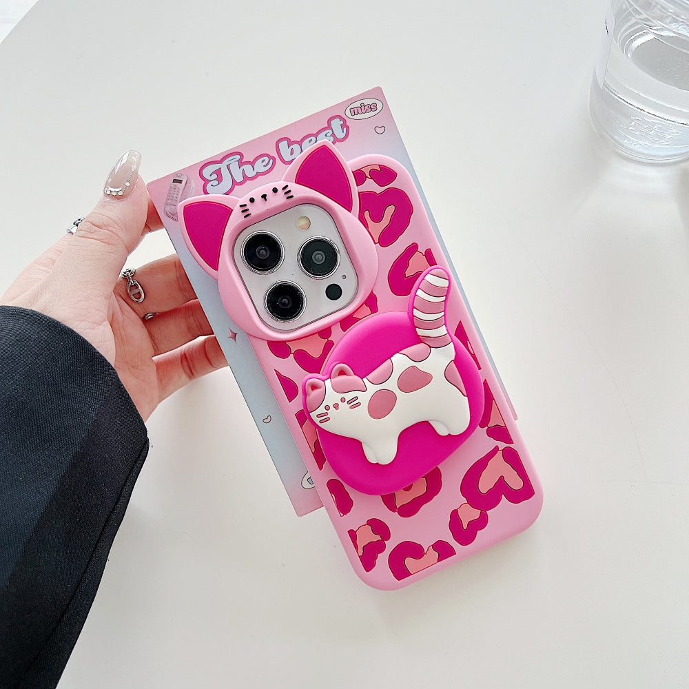 3D Kitty Stand Leopard Print Silicone Phone Case | Mobile Cover - iPhone 13