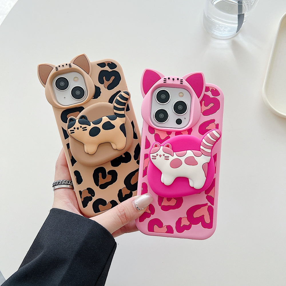 3D Kitty Stand Leopard Print Silicone Phone Case | Mobile Cover - iPhone 13