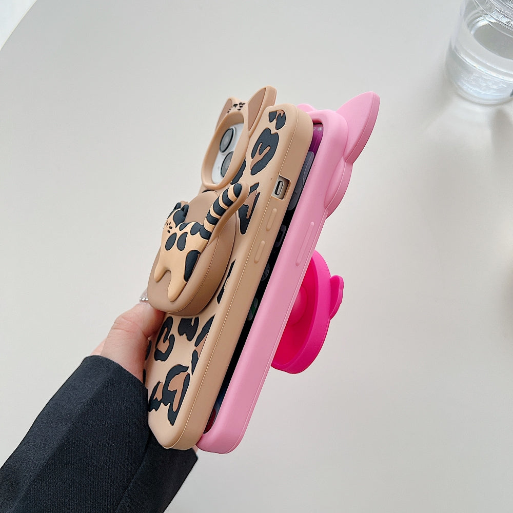 3D Kitty Stand Leopard Print Silicone Phone Case | Mobile Cover - iPhone 13
