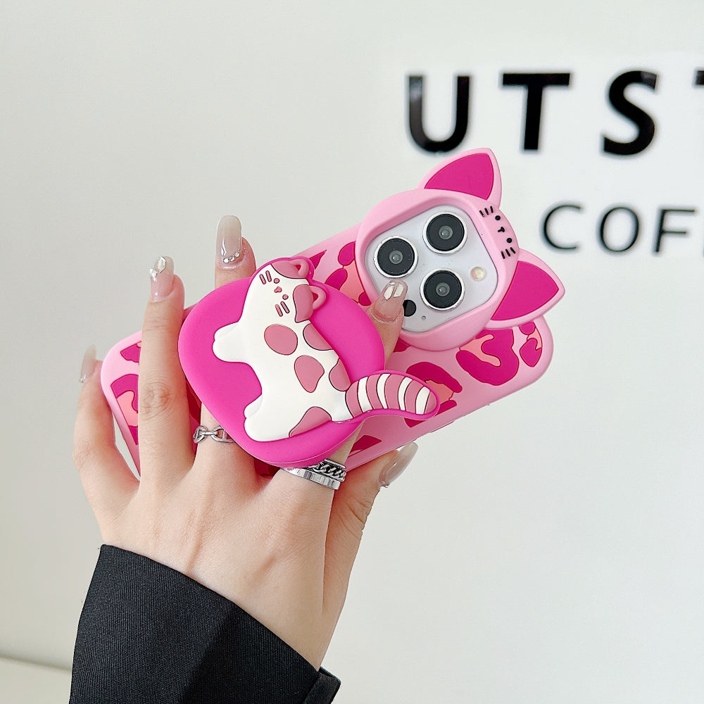 3D Kitty Stand Leopard Print Silicone Phone Case | Mobile Cover - iPhone 13