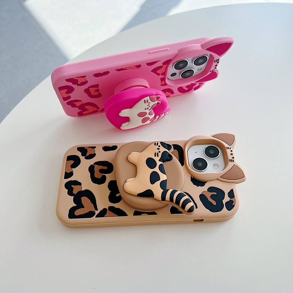 3D Kitty Stand Leopard Print Silicone Phone Case | Mobile Cover - iPhone 13
