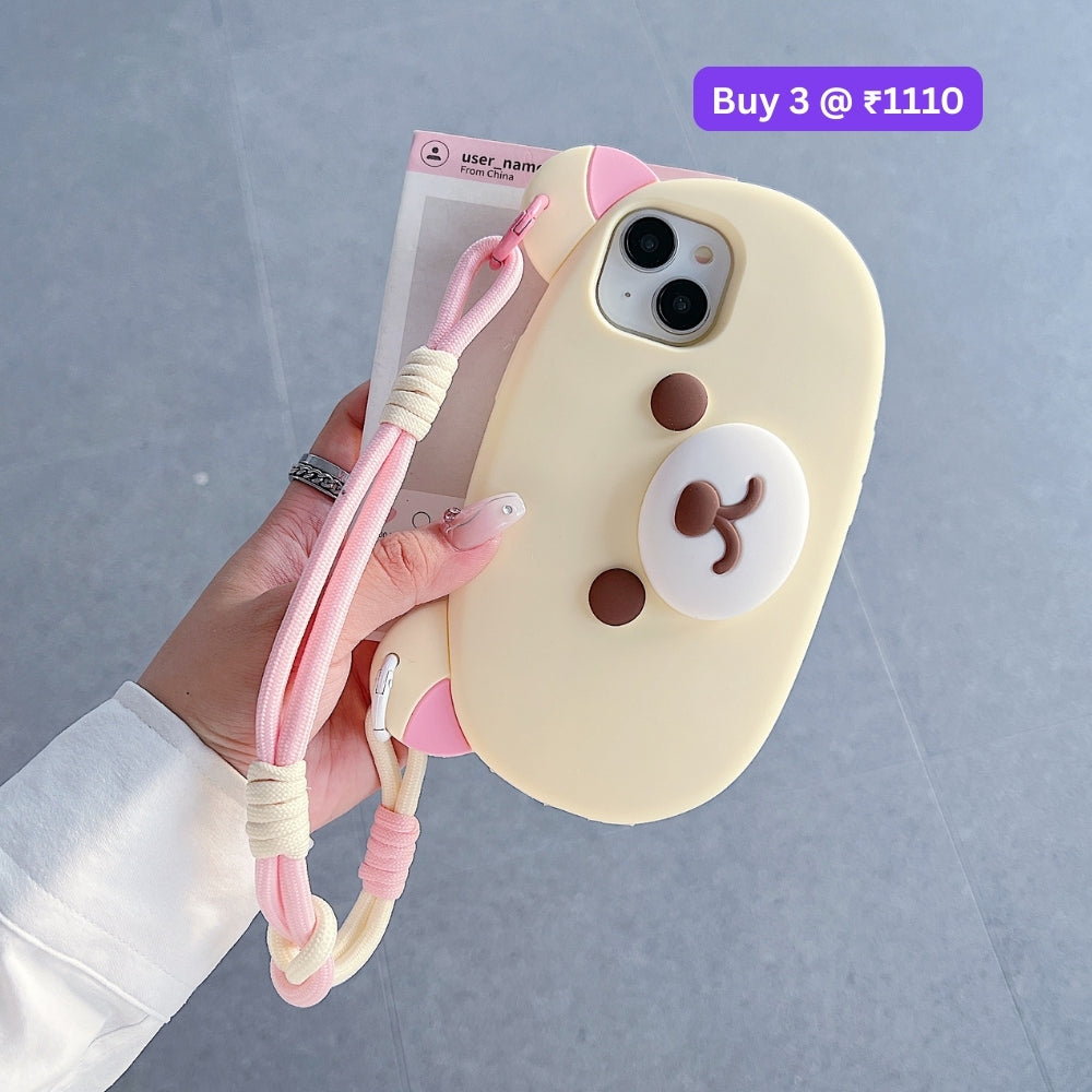 Bear Faced Silicone Soft Phone Case with Lanyard Strap | Mobile Cover - iPhone 16 Pro Max