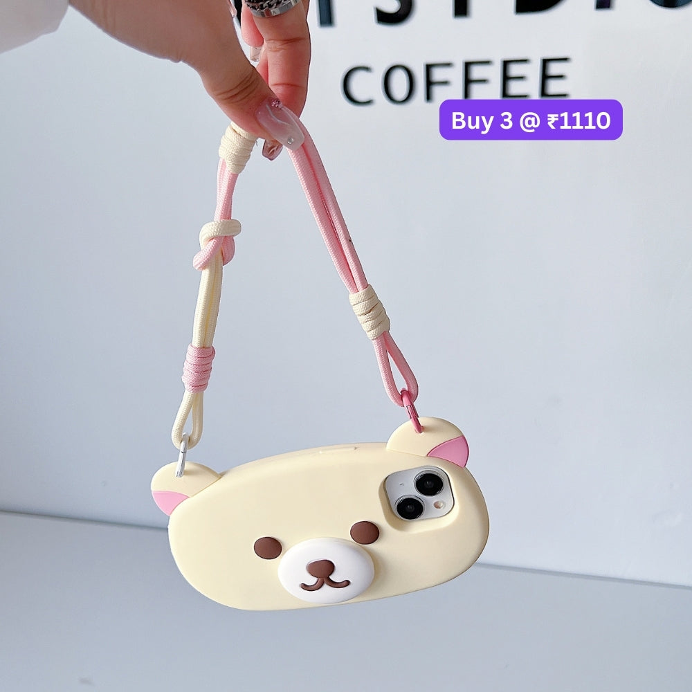 Bear Faced Silicone Soft Phone Case with Lanyard Strap | Mobile Cover - iPhone 16 Pro Max
