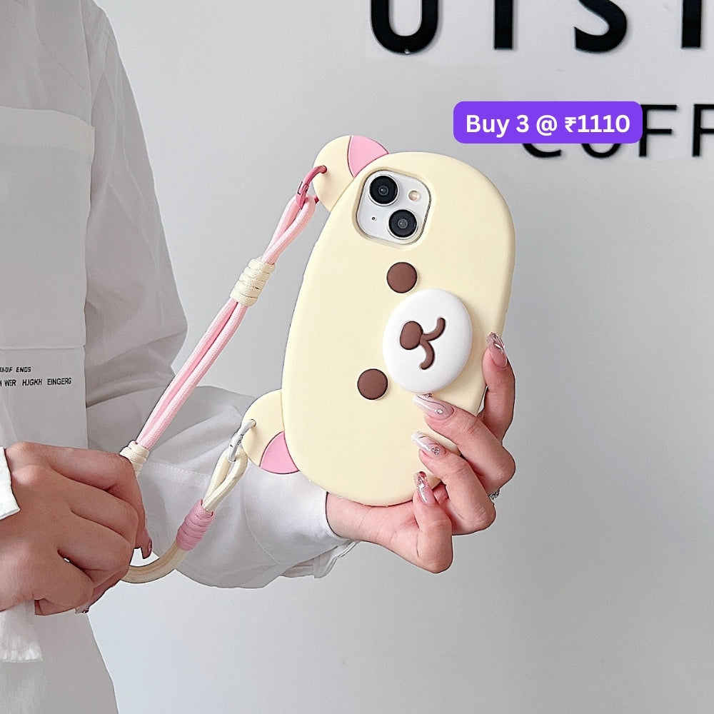 Bear Faced Silicone Soft Phone Case with Lanyard Strap | Mobile Cover - iPhone 16 Pro Max