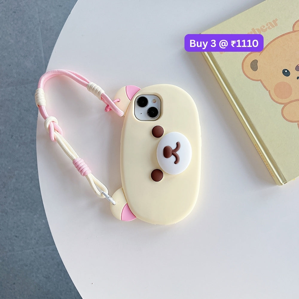 Bear Faced Silicone Soft Phone Case with Lanyard Strap | Mobile Cover - iPhone 16 Pro Max