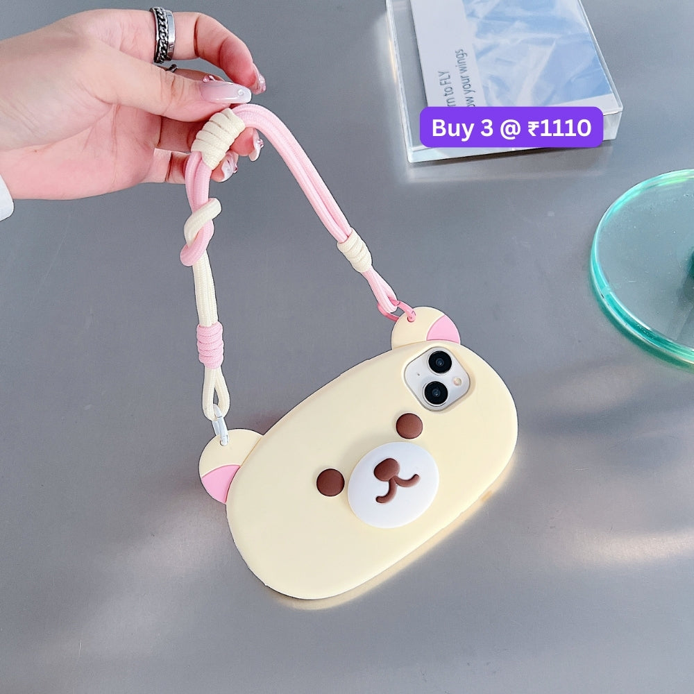 Bear Faced Silicone Soft Phone Case with Lanyard Strap | Mobile Cover - iPhone 16 Pro Max
