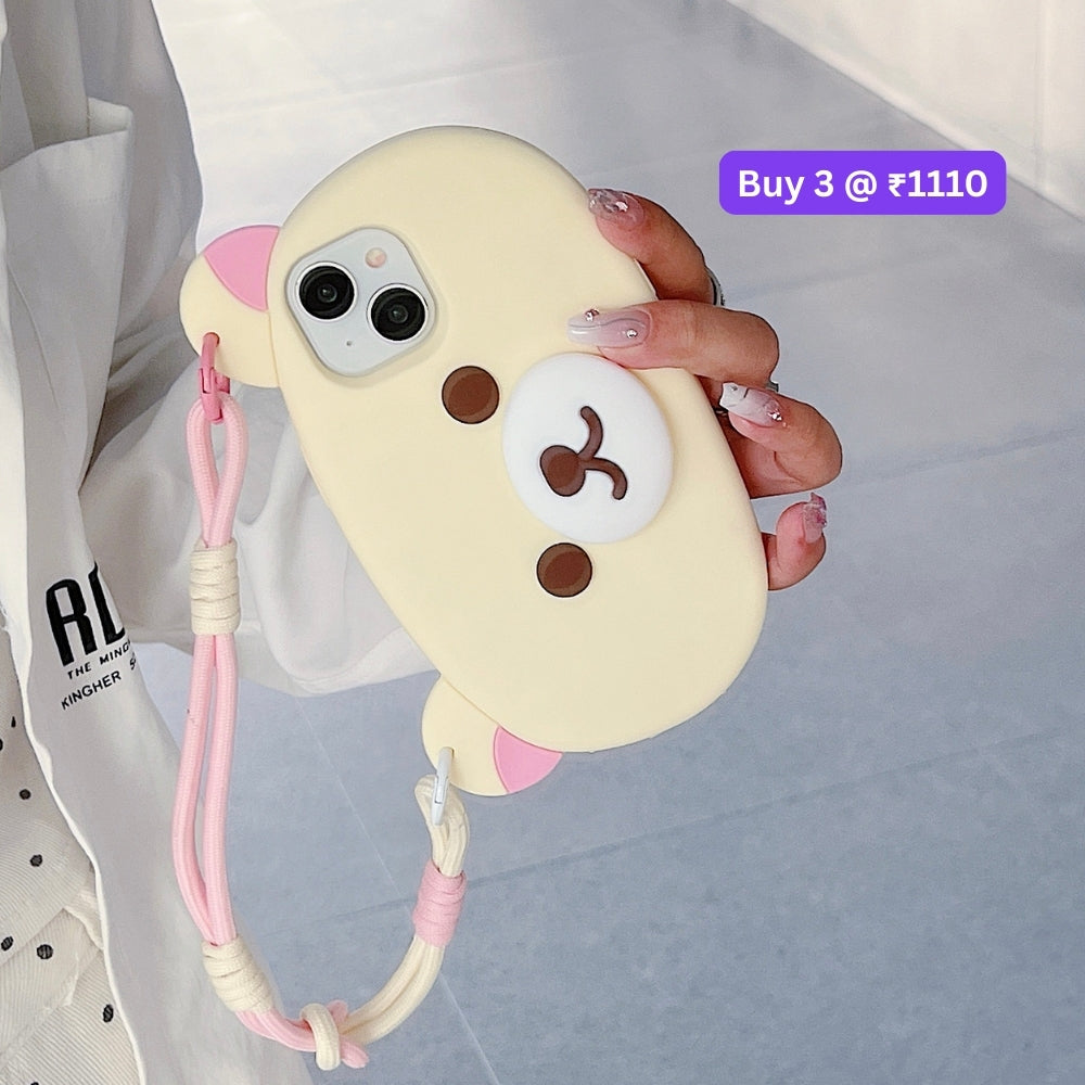 Bear Faced Silicone Soft Phone Case with Lanyard Strap | Mobile Cover - iPhone 16 Pro Max