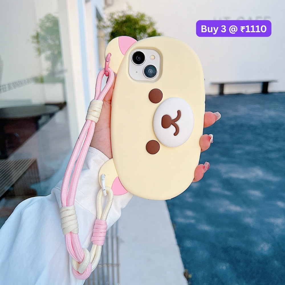Bear Faced Silicone Soft Phone Case with Lanyard Strap | Mobile Cover - iPhone 16 Pro Max