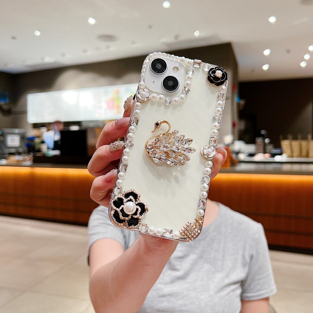 Handmade Crystal Swan Black Rose Pearl Border Transparent Phone Case- iPhone 15 Pro Max