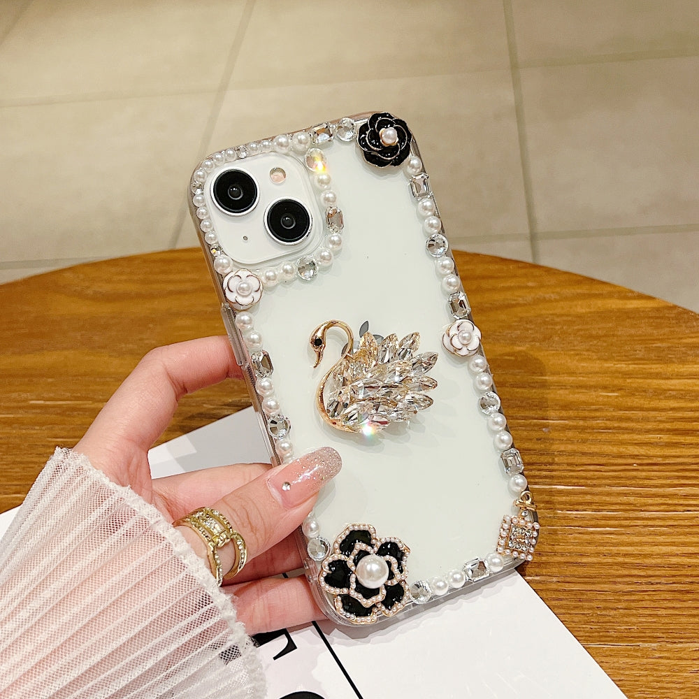 Handmade Crystal Swan Black Rose Pearl Border Transparent Phone Case- Samsung S22 Ultra