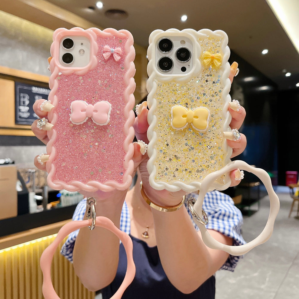 Glitter Bling Bow Color TPU (Soft) | PC (Hard) Case With Bracelet - iPhone 15 Pro