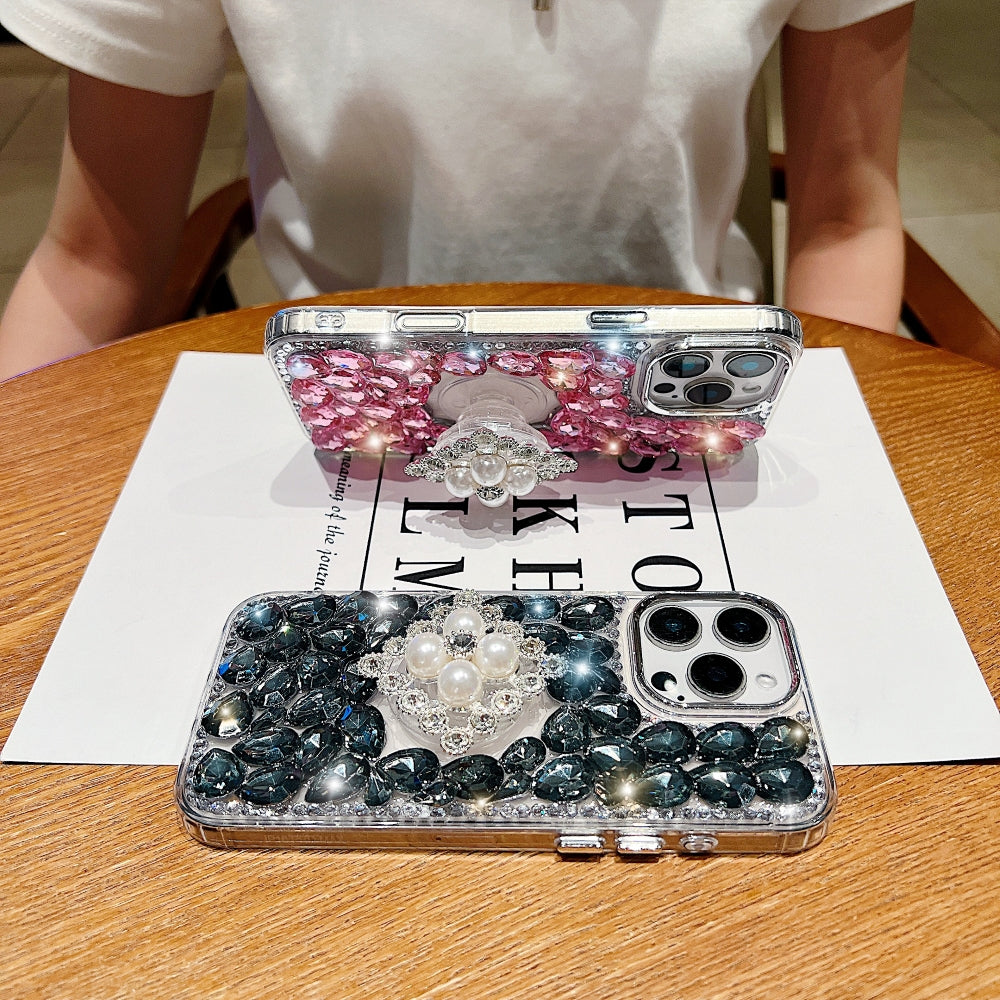 Bling Rhinestone Pearl Holder Transparent Phone Case