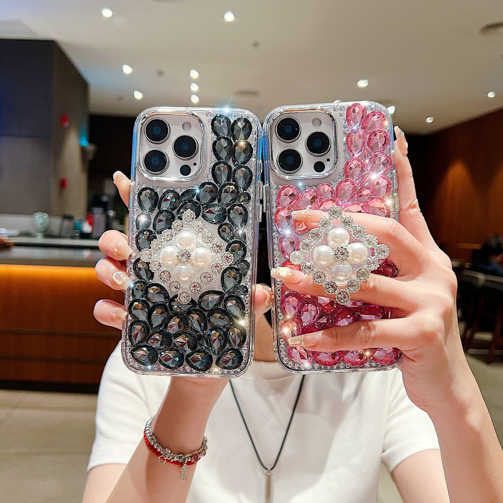 Bling Rhinestone Pearl Holder Transparent Phone Case