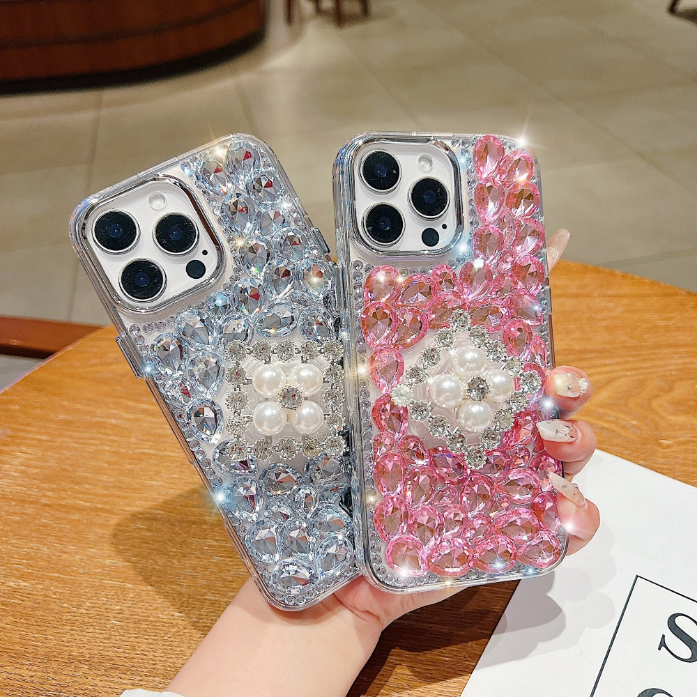 Bling Rhinestone Pearl Holder Transparent Phone Case