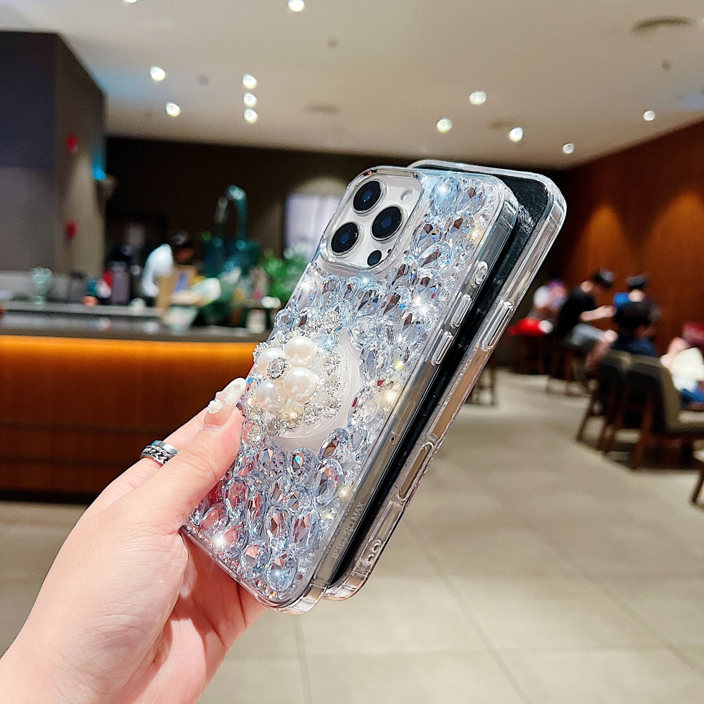 Bling Rhinestone Pearl Holder Transparent Phone Case