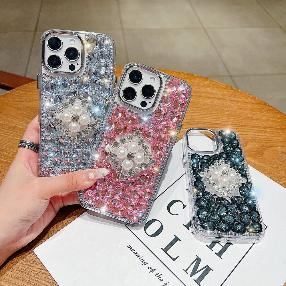 Bling Rhinestone Pearl Holder Transparent Phone Case