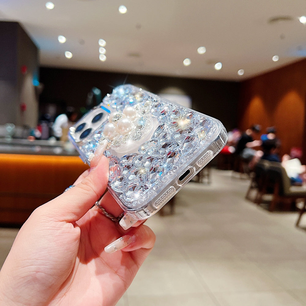 Bling Rhinestone Pearl Holder Transparent Phone Case