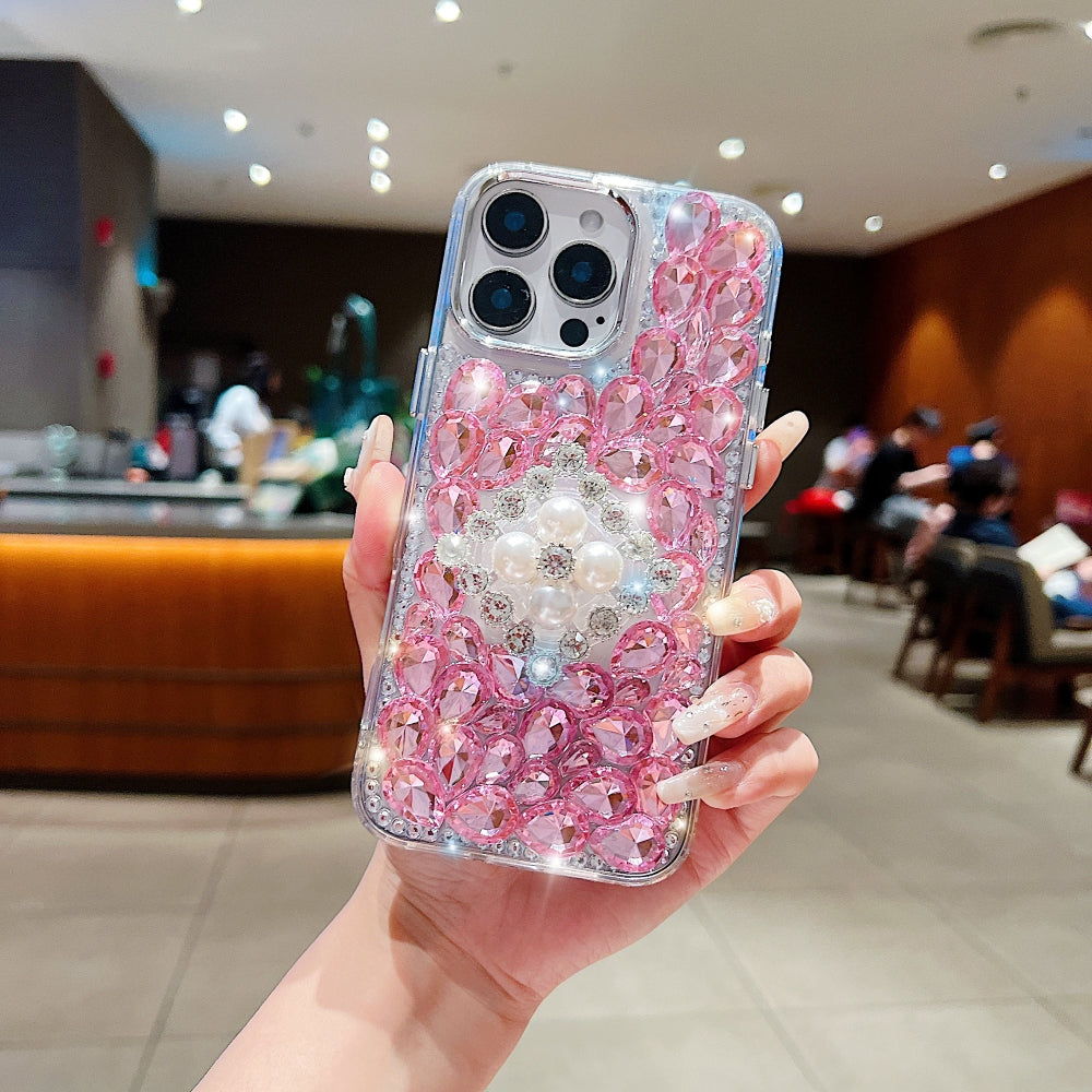 Bling Rhinestone Pearl Holder Transparent Phone Case
