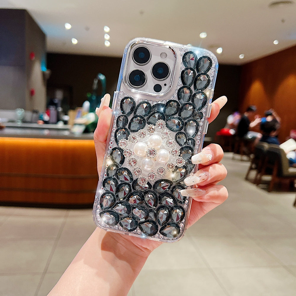 Bling Rhinestone Pearl Holder Transparent Phone Case