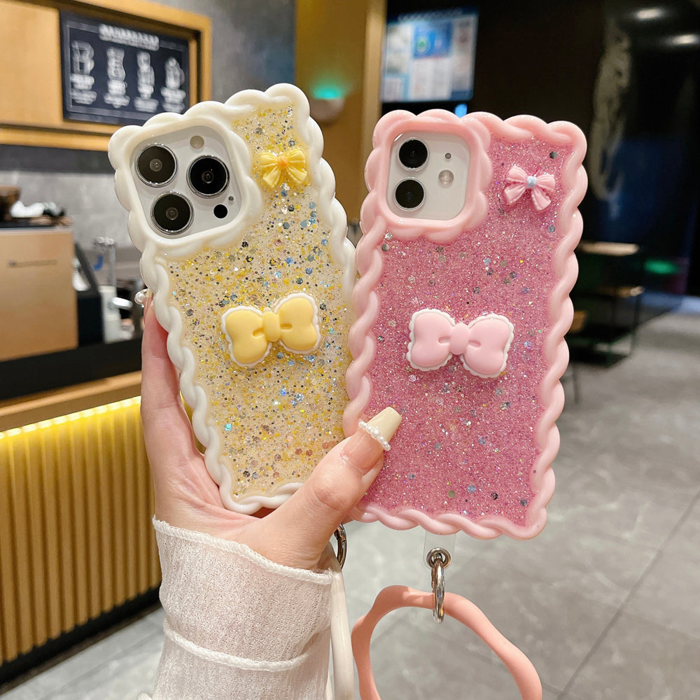 Glitter Bling Bow Color TPU (Soft) | PC (Hard) Case With Bracelet - iPhone 15