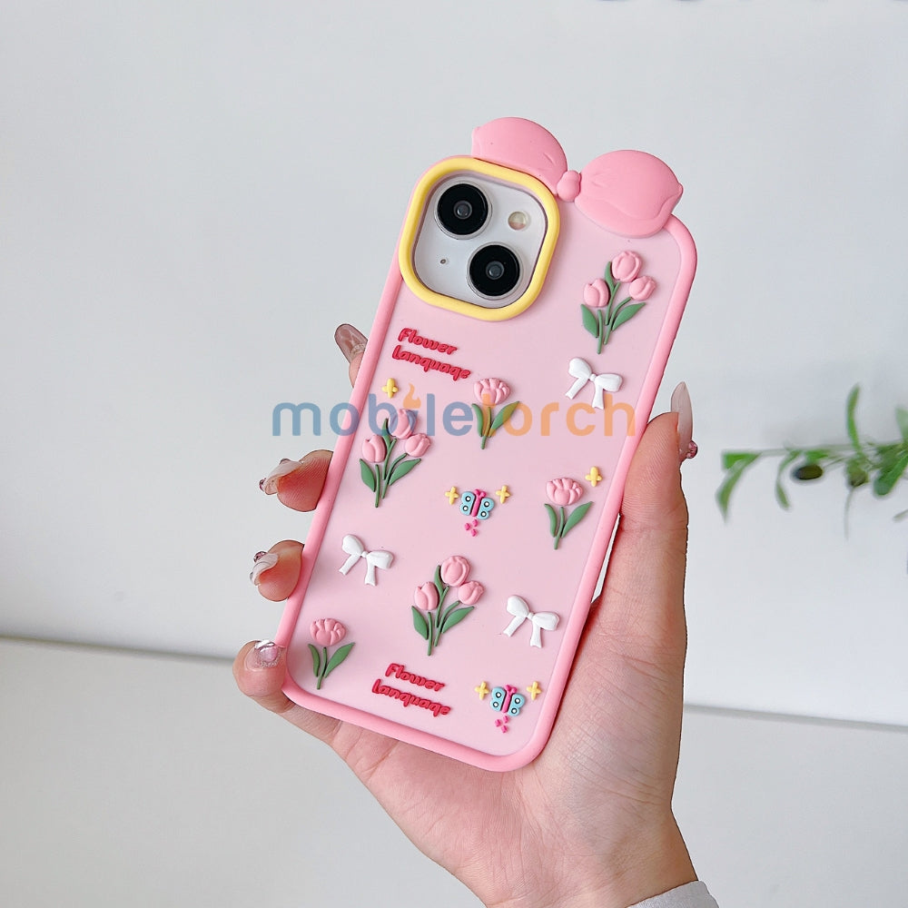 Bow Tulip Flower Silicone Soft Phone Case | Mobile Cover - iPhone 15 Pro Max