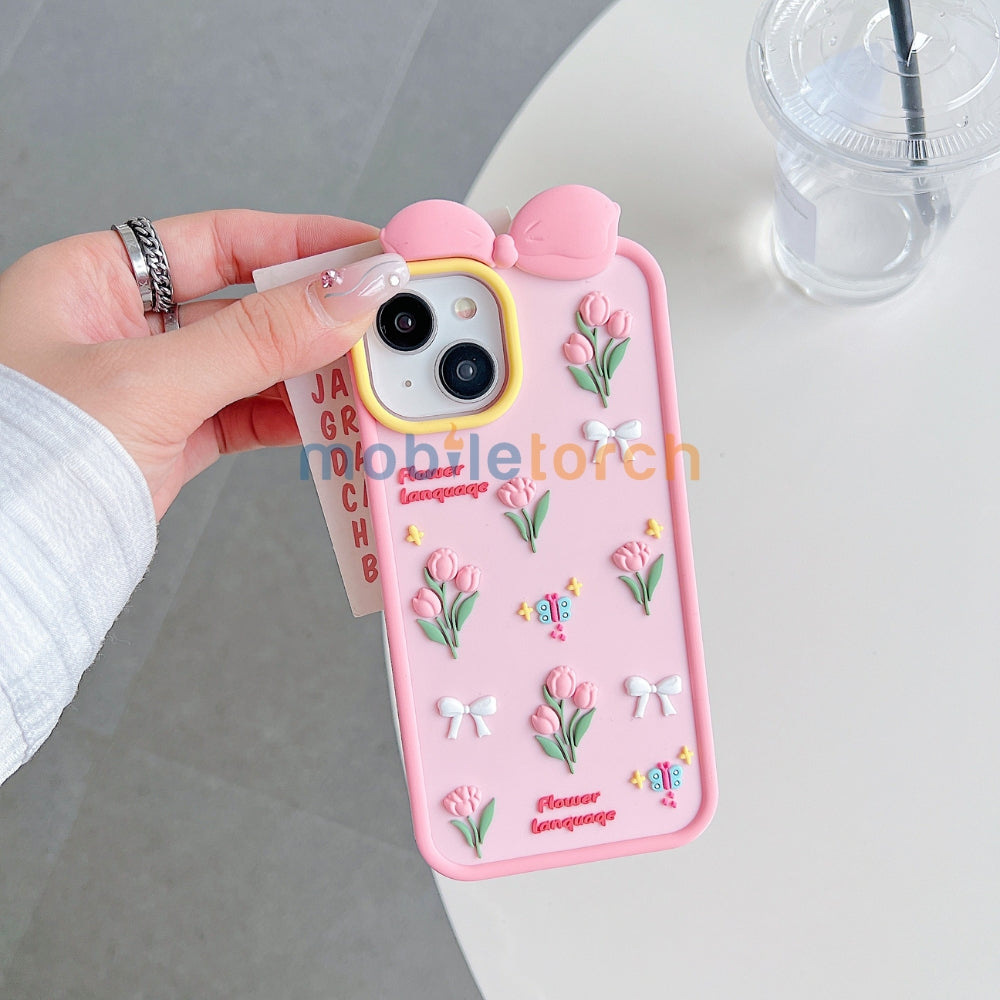 Bow Tulip Flower Silicone Soft Phone Case | Mobile Cover - iPhone 15 Pro Max