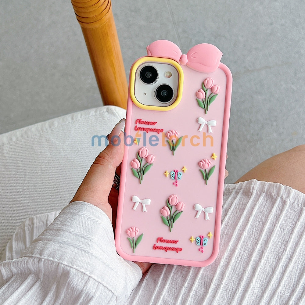 Bow Tulip Flower Silicone Soft Phone Case | Mobile Cover - iPhone 15 Pro Max