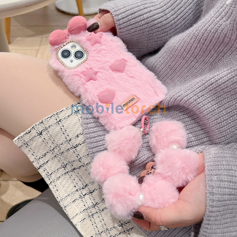 Bow Pattern Furry Soft Phone Case with Furry Bracelet - Samsung S25 Ultra