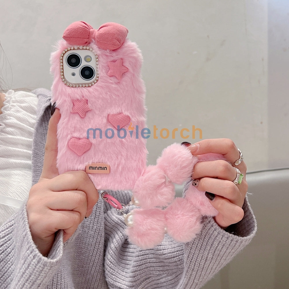 Bow Pattern Furry Soft Phone Case with Furry Bracelet - Samsung S25 Ultra