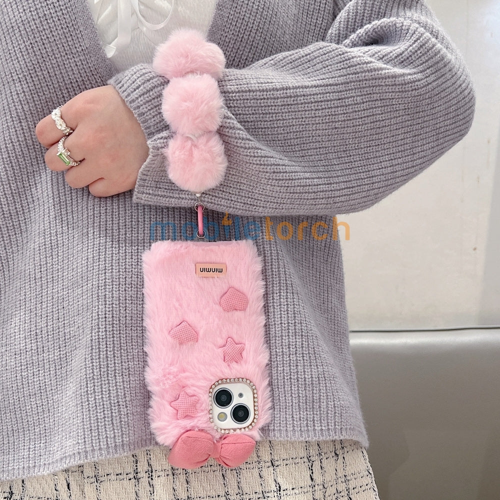 Bow Pattern Furry Soft Phone Case with Furry Bracelet - Samsung S25 Ultra