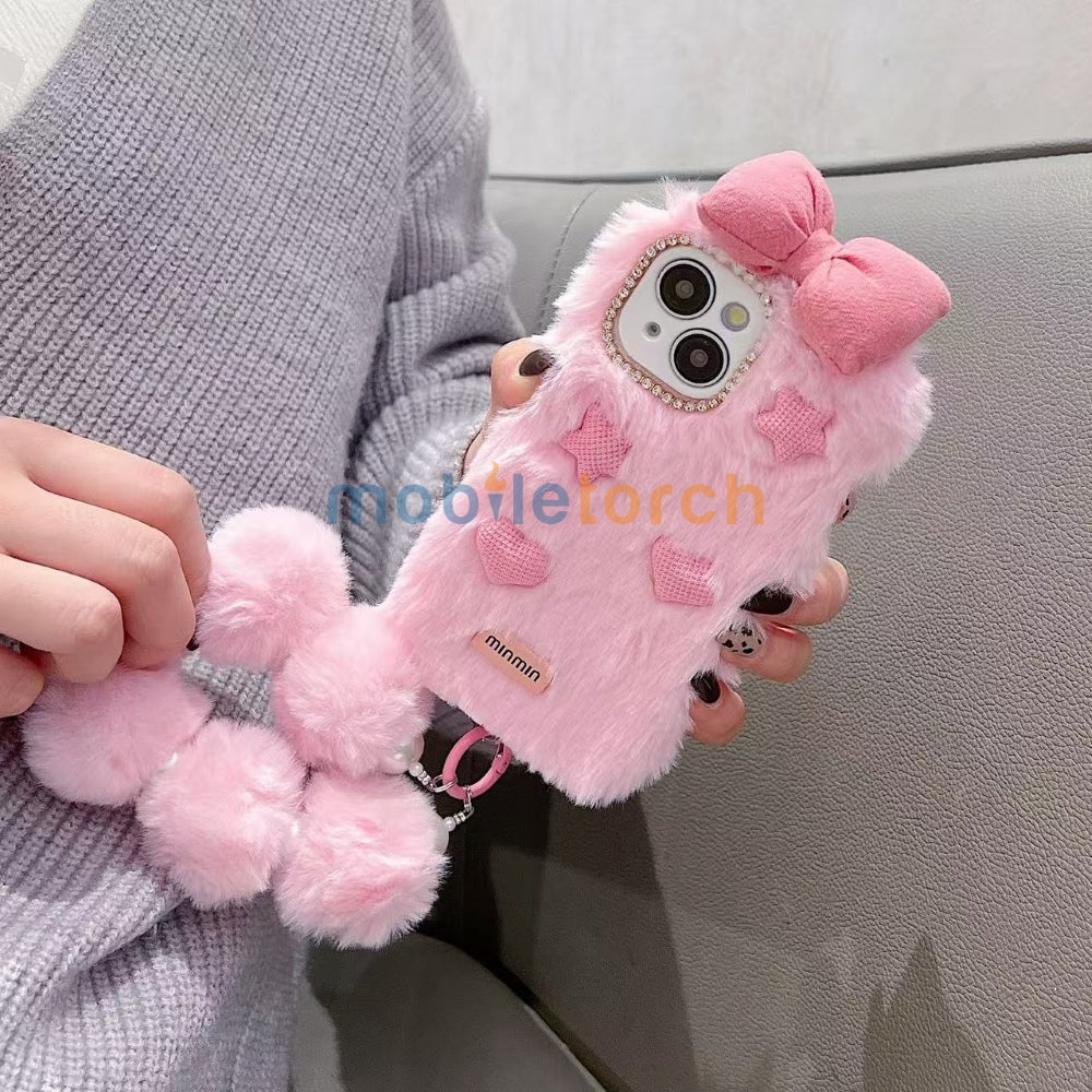 Bow Pattern Furry Soft Phone Case with Furry Bracelet - Samsung S25 Ultra