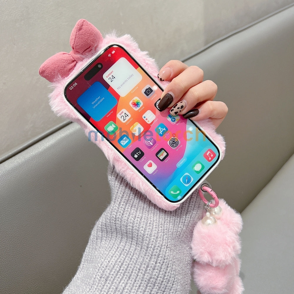 Bow Pattern Furry Soft Phone Case with Furry Bracelet - Samsung S25 Ultra